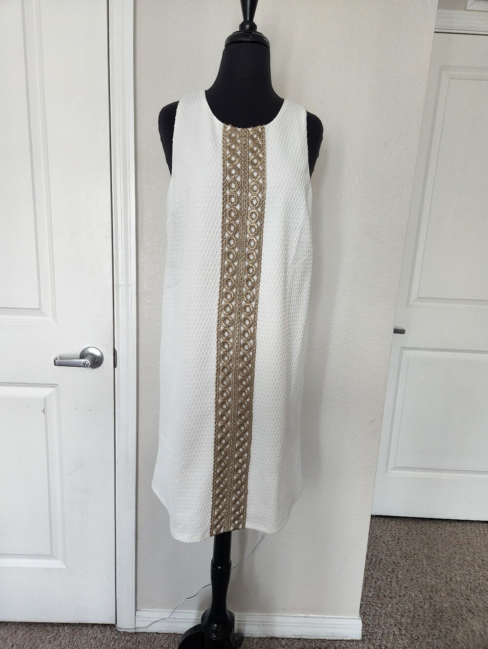 Sleeveless White Midi Dress with Gold Embroidered Center Panel